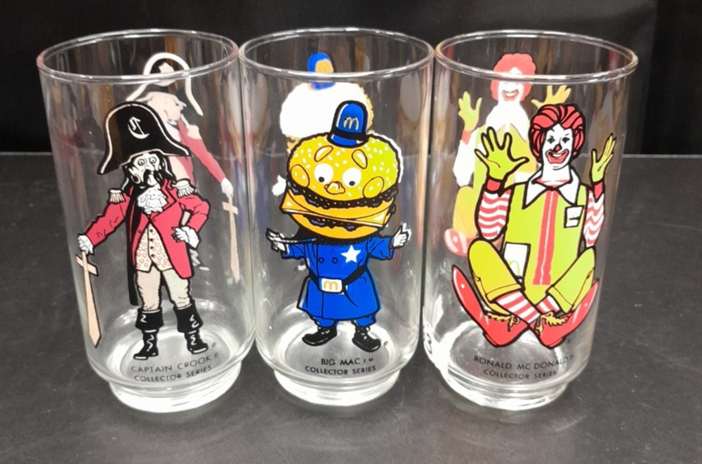 3- McDonalds Collector Series Glass BIG MAC, RONALD, CAPTAIN CROOK